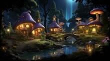 A Painting Of A Fairy Village At Night. Generative AI Image.