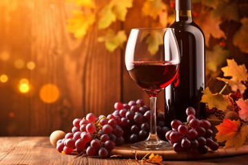 Wall Mural - alcohol food drink sunset grape winery wine bottle glass background beverage. Generative AI.