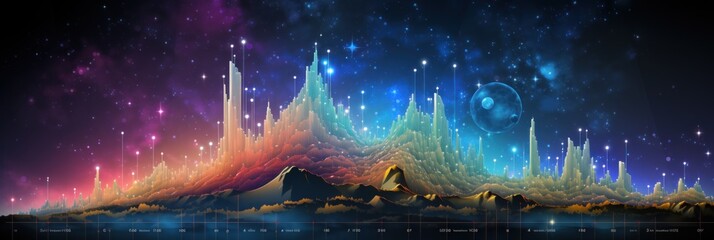 Poster - A computer screen with a mountain and stars in the background. Generative AI image.