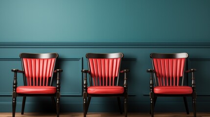 Wall Mural - Three red chairs are lined up against a blue wall. Generative AI image.