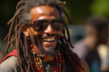 Canvas Print - A man with dreadlocks and sunglasses smiling. Generative AI image.