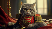 Cute Tabby Cat In A Red Costume Sits On The Throne.