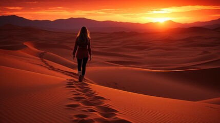 Poster - A woman is walking in the desert at sunset. Generative AI image.