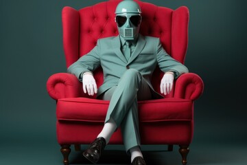 Poster - A man in a gas mask sitting in a red chair. Generative AI image.