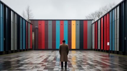 Sticker - A man in a coat standing in front of a colorful building. Generative AI image.