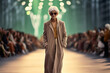 stylish 70 year old senior model showcases designer clothes on the catwalk at a fashion show.Generative AI