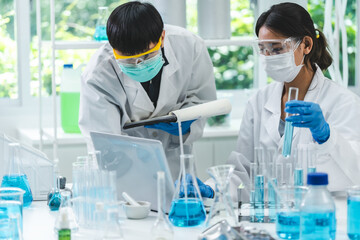 Wall Mural - professional health care researchers working in life of medical science laboratory, technology of medicine chemistry lap experiment test for hospital, scientific specialist of chemist pharmacy