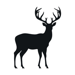 Wall Mural - Black silhouette of a deer. Big horns wild animal. Simple black silhouette graphic. Cartoon style. Vector illustration on white isolated background.