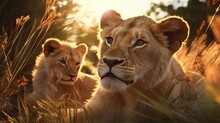 Female Lions Relaxing During Golden Hour Sunset