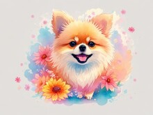 Pomeranian With Colorful Flower Painted In Watercolor On A White Background.generative AI