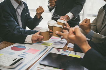 Wall Mural - Group of business people doing bookkeeping, colleagues discussing, start planning, sharing ideas, working together in modern office. Meeting Teamwork successful business job interview ideas