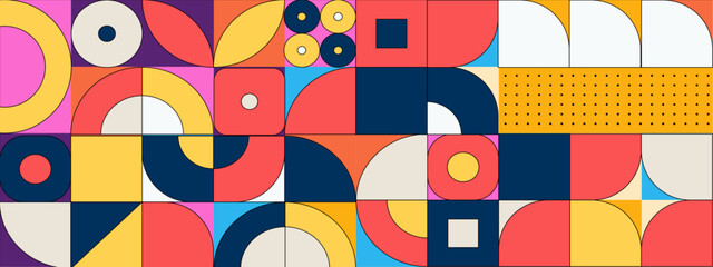 Geometric mosaic, bauhaus pattern. Modern geometry figure, shape. Bauhaus. Geometric mosaic. Minimal mural texture. Scandinavian. Geometric mosaic print. 50s, 60s, retro wallpaper. Vector illustration