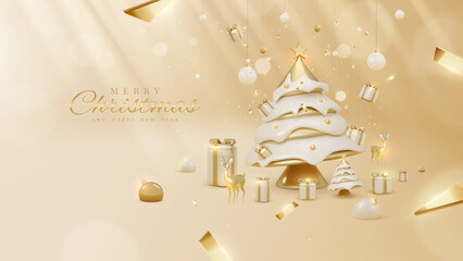 Christmas poster and new year background with realistic elements such as gift box, Christmas tree, deer, ball, golden ribbons and star with snow and light effects around decorations.