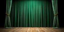 Realistic Theater Green Dramatic Curtains, Spotlight On Stage Theatrical Classic Drapery Template Illustration. Stage With Green Curtains