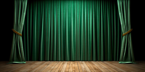 Realistic theater green dramatic curtains, spotlight on stage theatrical classic drapery template illustration. Stage with green curtains