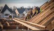 © AspctStyle - Construction worker wearing safety harness belt during working on roof structure. Roofer Construction worker install new roof