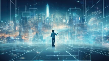 Businessman standing with his back against night cityscape and binary code
