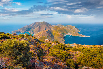 Wall Mural - Spectacular summer view of Porto Kagio, seaside village in the East Mani. Spectacular outdoor scene of Peloponnese peninsula, Greece, Europe. Picturesque seascape of Myrtoan Sea.