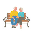 Two elderly couples are sitting on a park bench, holding hands, looking at each other and smiling. Hand drawn illustrations in realistic proportions.