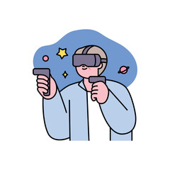 Senior lifestyle character. An elderly man is playing a game wearing VR glasses.