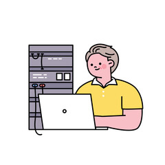 Wall Mural - senior lifestyle character. an elderly man is working on a computer in the server room.
