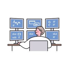 Wall Mural - senior lifestyle character. an expert is analyzing data while looking at many monitors.