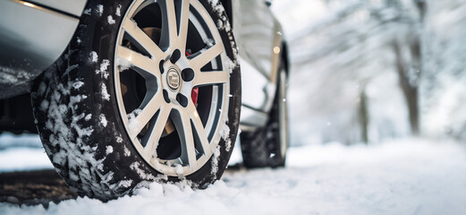 Close-up of car wheel in the snow. Driving in winter concept, ai generated