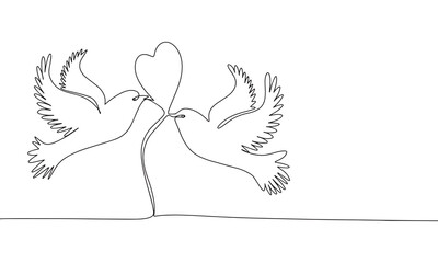 Two doves with heart silhouette vector. Concept for Valentines day. One line continuous vector line art outline illustration. Isolated on white background.