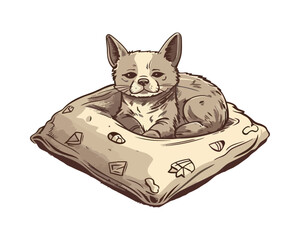 Sticker - Cute cartoon puppy sitting, resting on cushion