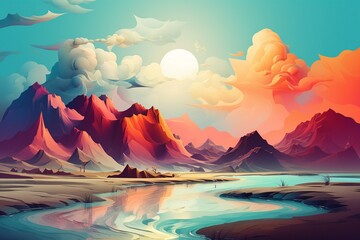 Abstract vivid colors landscape of desert mountains, dunes and sand. Colorful bright colors, Generative Ai