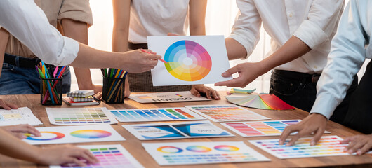 Aufkleber - Graphic designer brainstorm logo and graphic art at busy creative studio workshop. Experiment and brainstorm color palette and pattern at workspace table for creative design. Panorama shot. Scrutinize