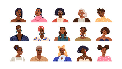 Wall Mural - Black women, face portraits set. Happy girls of Latin and African American race, ethnicity. Modern stylish smiling female characters avatars. Flat vector illustrations isolated on white background