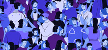 People Crowd Looking At Mobile Phones Screens, Seamless Pattern Design. Happy Characters With Smartphones Online, Surfing Internet. Endless Background, Repeating Print. Flat Vector Illustration