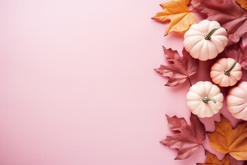 White pumpkins and autumn leaves on pink background