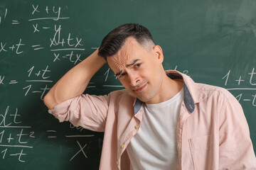 Poster - Tired Math teacher near chalkboard in classroom