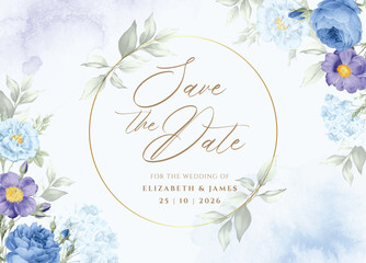 watercolor wedding invitation template set with romantic blue purple floral and leaves decoration