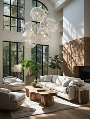 This minimalist and scandinavian-inspired living room features a stunning chandelier and a cozy fireplace, creating an inviting and stylish interior