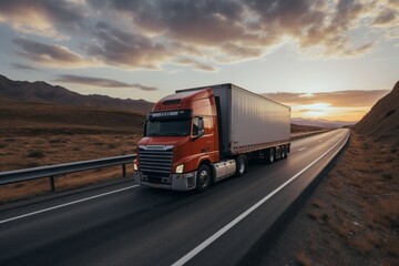 Canvas Print - Container Truck on Highway. Generative AI Image