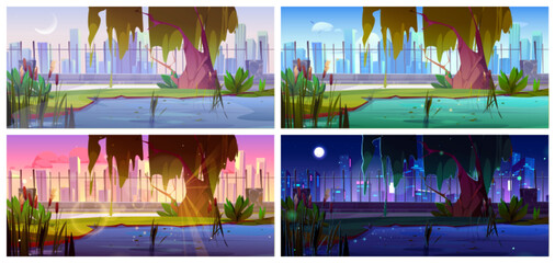 Swamp in city park with reed and grass cartoon day time set. Water pond near metal fence at night, sunset and dawn environment nature scenery. Nobody outdoor panoramic landscape illustration design