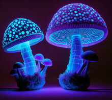 Two Mushrooms Are Glowing In The Dark With A Purple Light. Generative Ai.