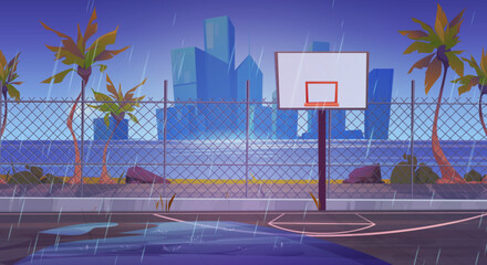 Rainy street basketball court and cityscape skyline. Outdoor playground for basket sport game near sea shore cartoon vector background. Empty school team arena stadium coast with skyscraper view