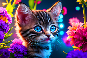 Wall Mural - Cute and pretty kitten with flowers, cat close-up, highlighted with various colors