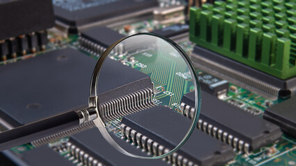 Wall Mural - view of printed circuit board with active and passive surface mounted components close up through magnifying glass