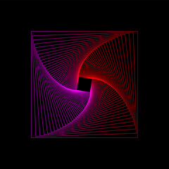 Wall Mural - Pink and red square wireframe spirograph isolated on black background. Squarish technology tunnel spiral vector illustration.