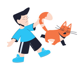 Wall Mural - Naughty Boy Pull Cat Tail Have Bad Behaviour Vector Illustration