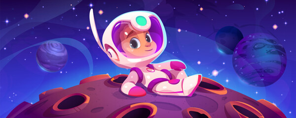 Wall Mural - Cute astronaut kid lying on alien planet. Vector cartoon illustration of little boy in spacesuit and helmet exploring moon landscape with craters, many stars glowing in night sky, space mission