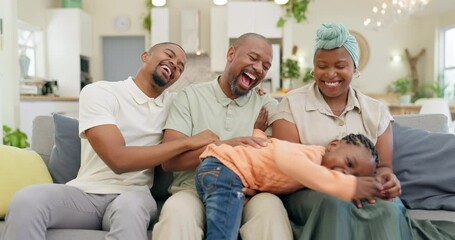 Poster - Black family, laughing and parents with child on sofa at home for bonding and quality time. Happy, lounge and happy mother, father and girl on couch and tickling together for fun in living room