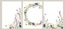 Birthday, Wedding Or Summer Festival Invitation Cards. Vector Design Element, Wreaths Of Lavender, Chamomile, Blueberry, Strawberry And Bee, Medicinal Herbs, Calligraphy Lettering.