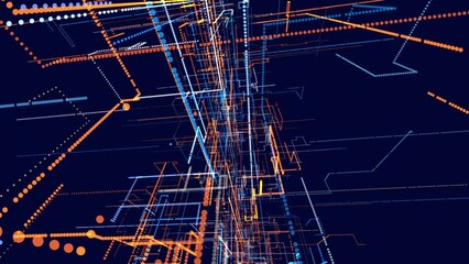 glow particles form lines. Info concept lines and nodes, ai construction light grid. Lines form hologram information blocks. Vj loop abstract sci-fi bg. Hi-tech info technology.