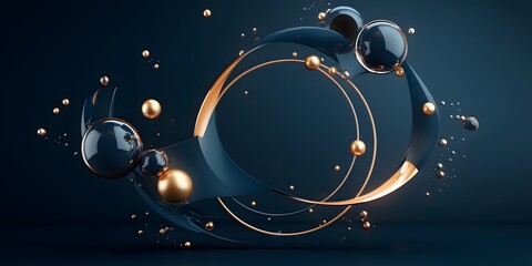 Flying geometric shapes in motion with golden round frame. Dynamic set of realistic spheres, rings, tubes. Modern background for product design show in dark blue color. Ai generative